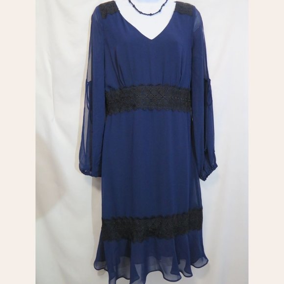 Sangria V-Neck Lace Trimmed Cold Shoulder Dress - Picture 1 of 5